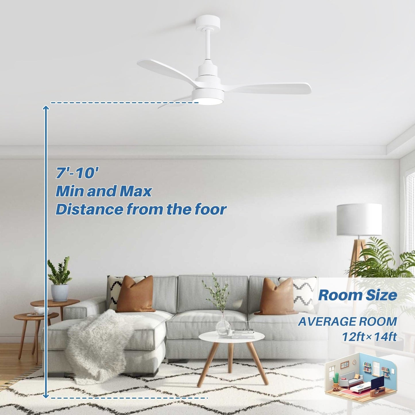 Ventilateur de plafond à LED intégré 48 et 52 pouces avec lumière et télécommande, moteur CC réversible