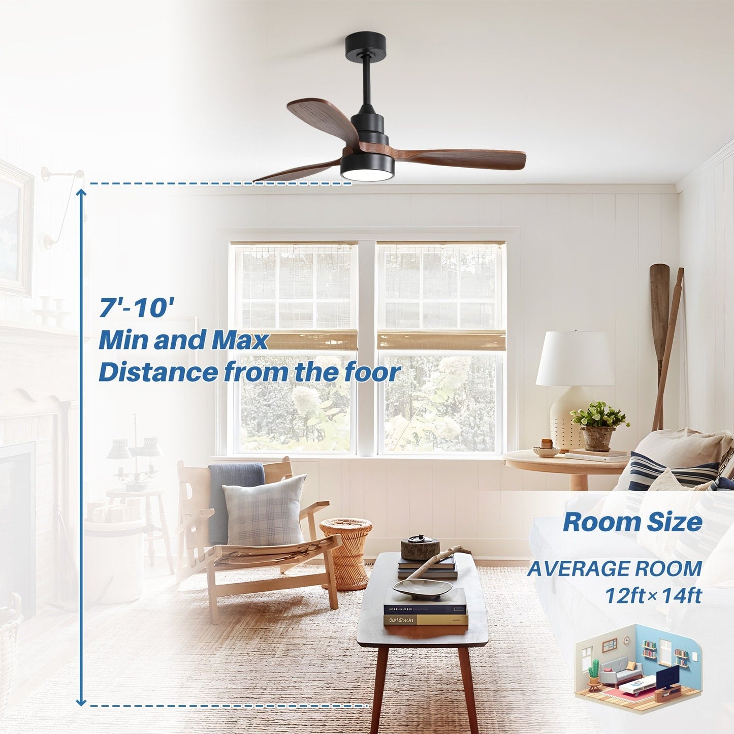 Ventilateur de plafond à LED intégré 48 et 52 pouces avec lumière et télécommande, moteur CC réversible