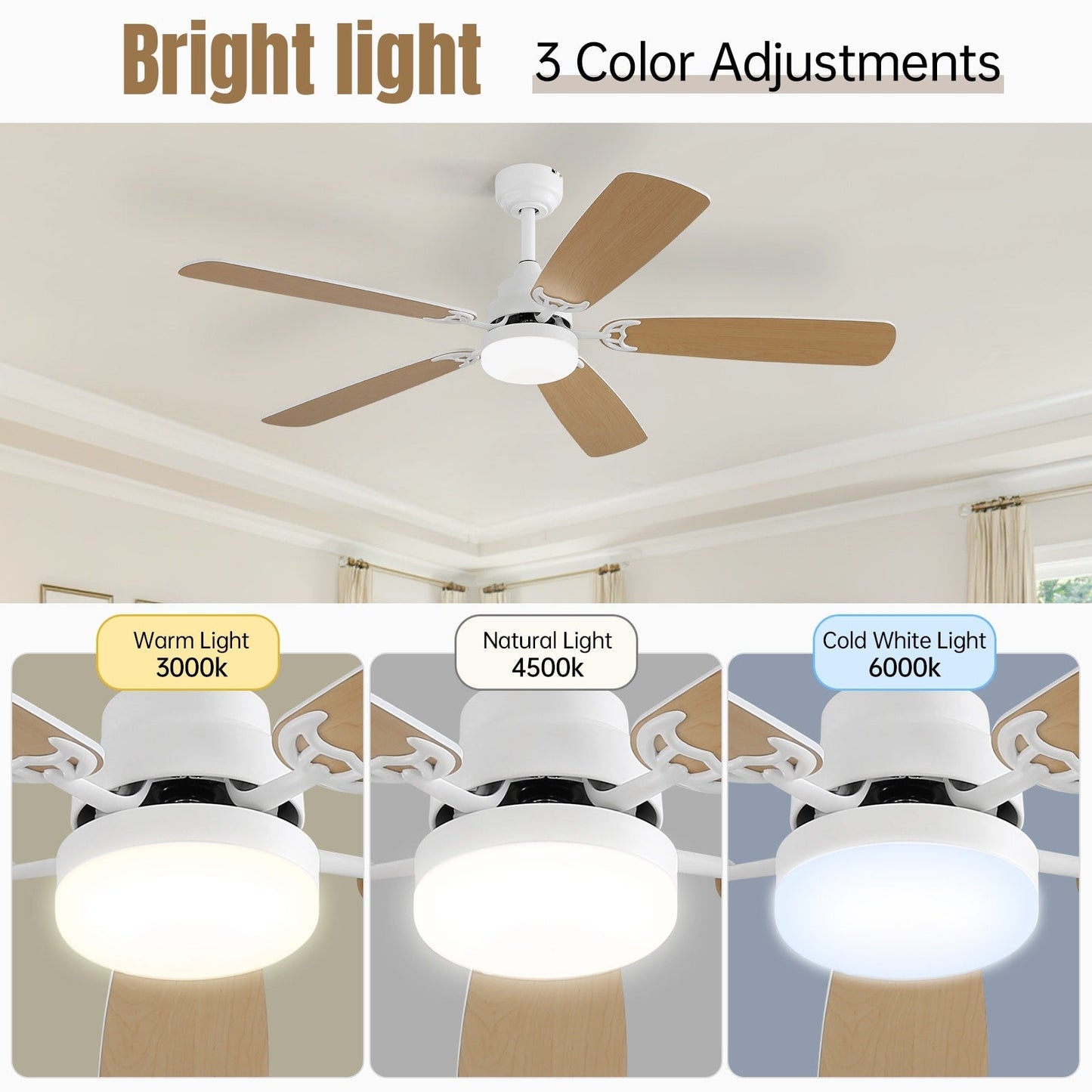 Ventilateur de plafond à LED intégré 48 et 52 pouces avec lumière et télécommande, moteur CC réversible