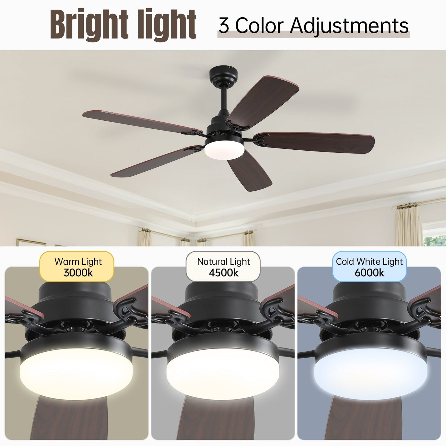 Ventilateur de plafond à LED intégré 48 et 52 pouces avec lumière et télécommande, moteur CC réversible