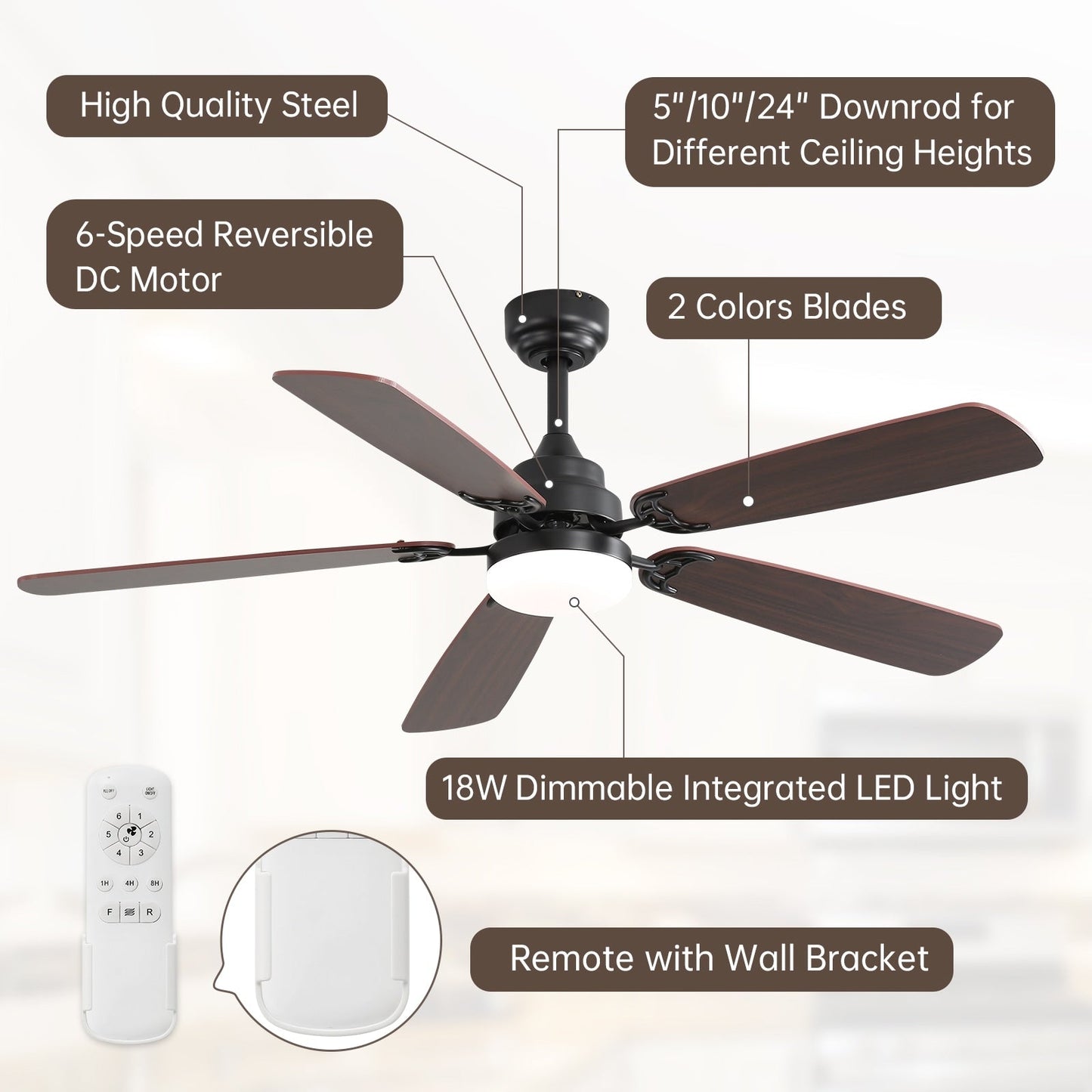 Ventilateur de plafond à LED intégré 48 et 52 pouces avec lumière et télécommande, moteur CC réversible