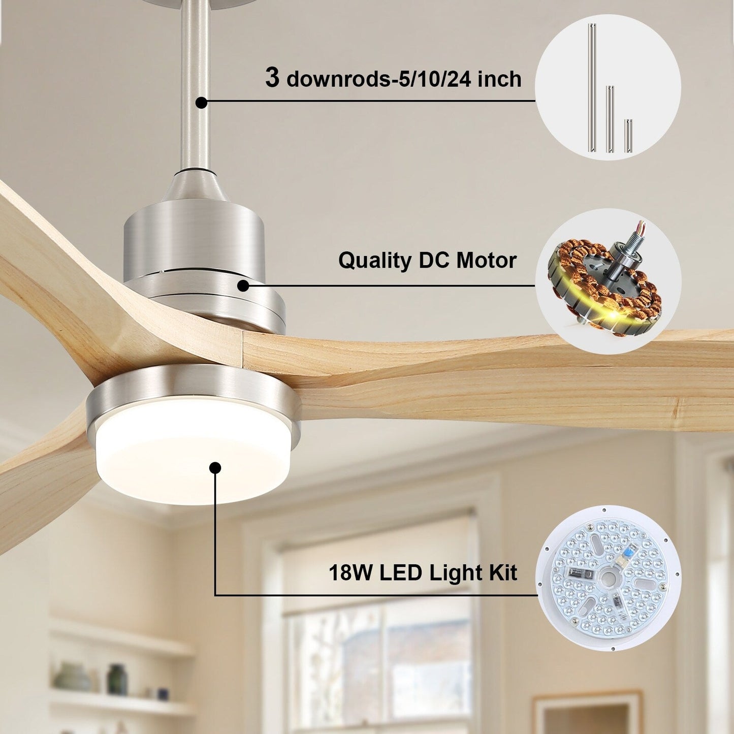 Ventilateur de plafond à LED intégré 48 et 52 pouces avec lumière et télécommande, moteur CC réversible