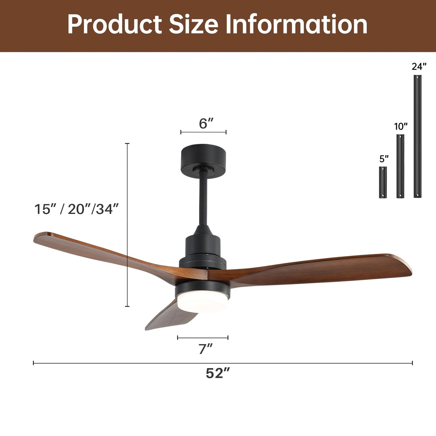 Ventilateur de plafond à LED intégré 48 et 52 pouces avec lumière et télécommande, moteur CC réversible