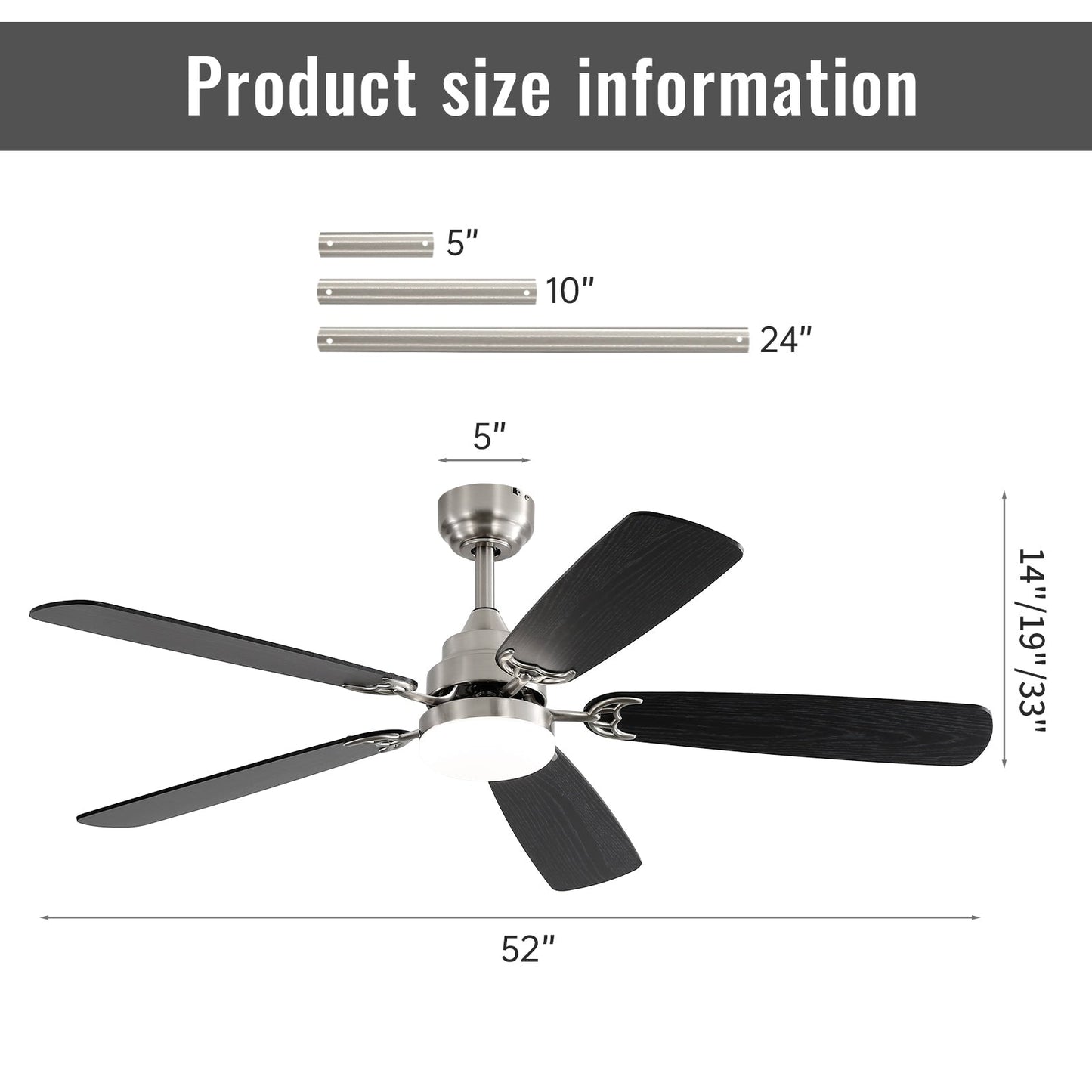 Ventilateur de plafond à LED intégré 48 et 52 pouces avec lumière et télécommande, moteur CC réversible