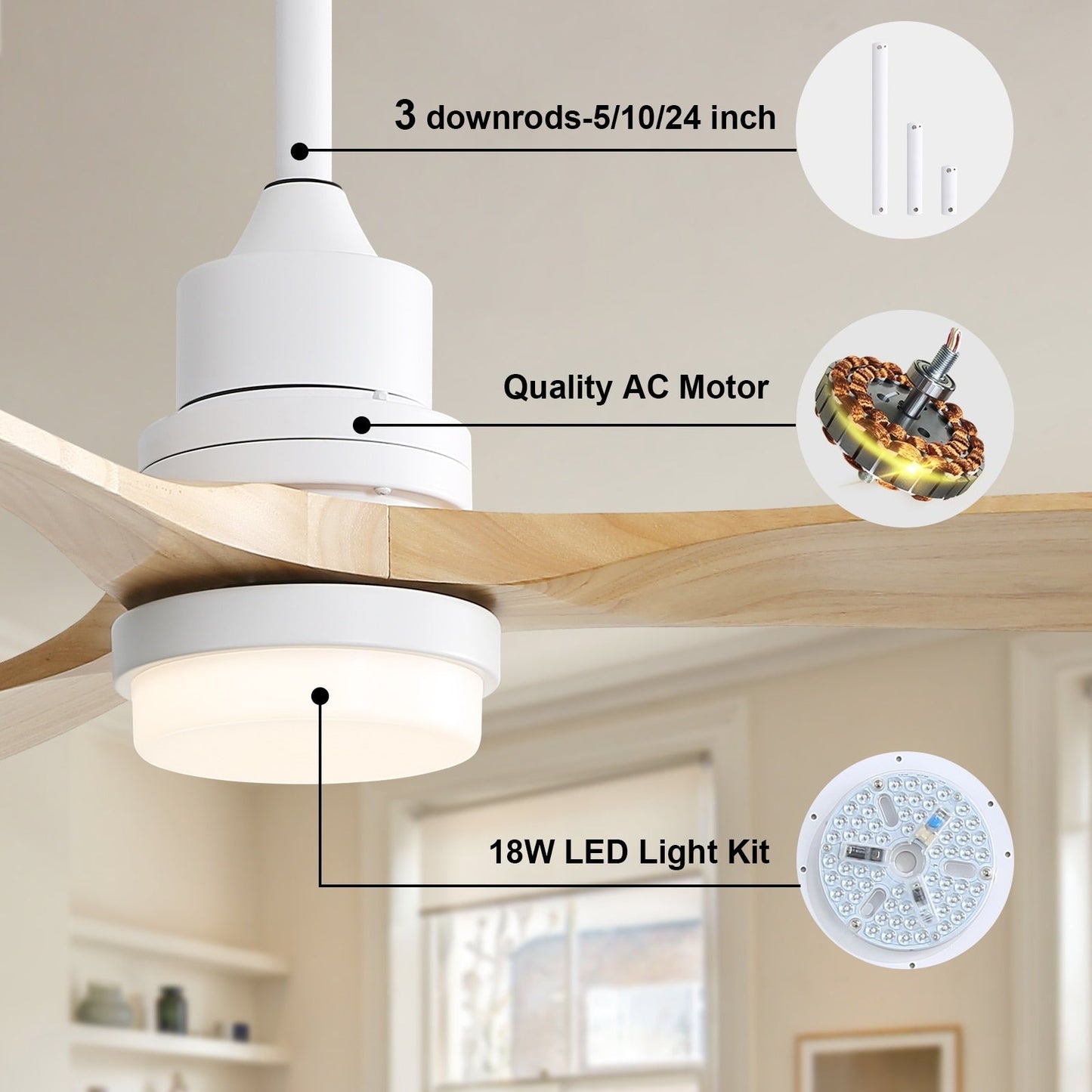 Ventilateur de plafond à LED intégré 48 et 52 pouces avec lumière et télécommande, moteur CC réversible
