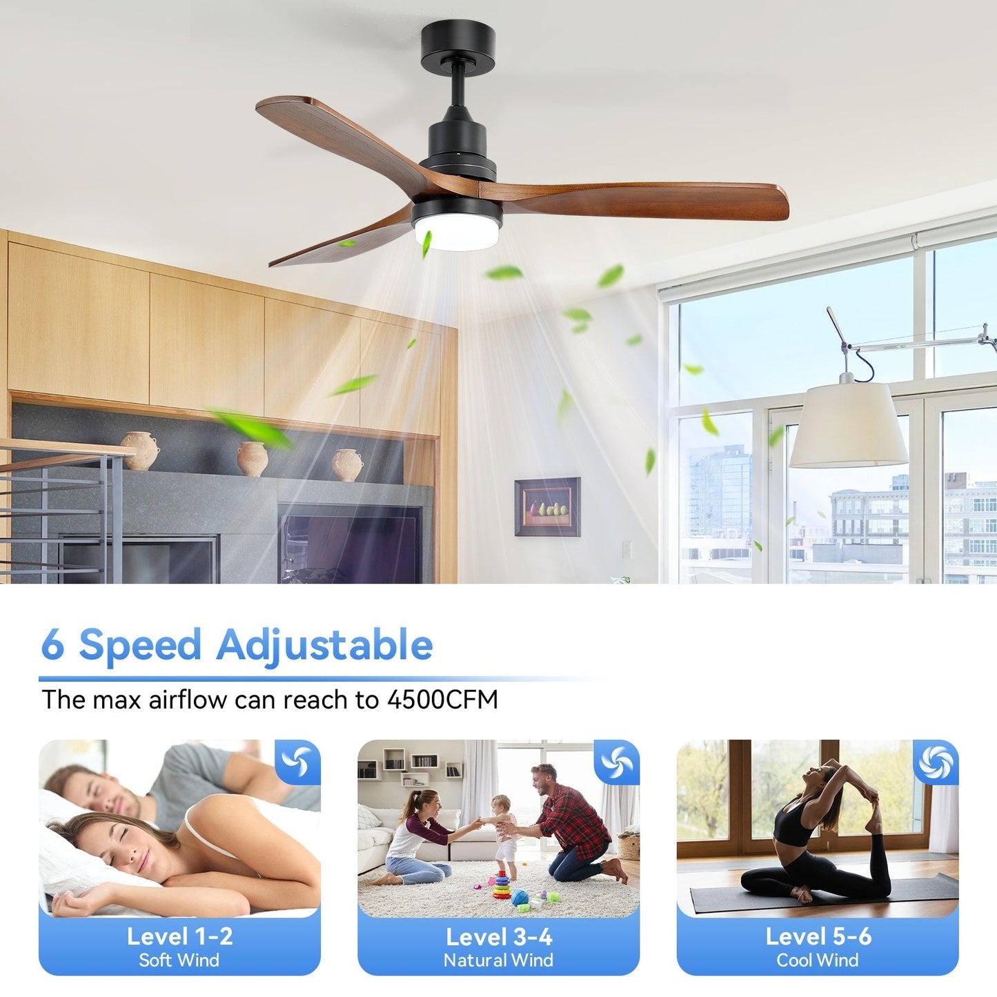 Ventilateur de plafond à LED intégré 48 et 52 pouces avec lumière et télécommande, moteur CC réversible