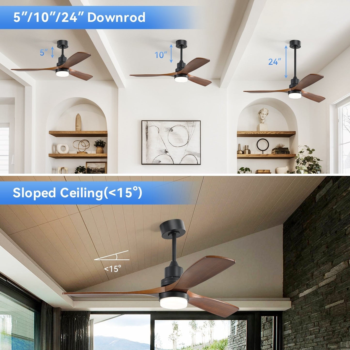 Ventilateur de plafond à LED intégré 48 et 52 pouces avec lumière et télécommande, moteur CC réversible