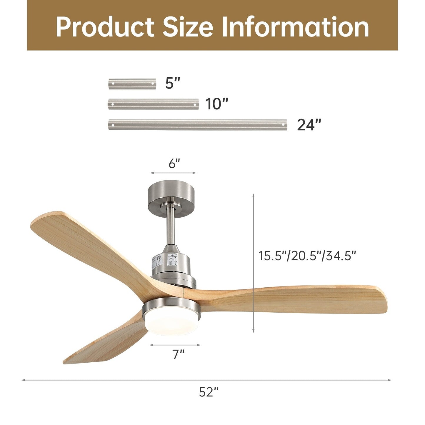 Ventilateur de plafond à LED intégré 48 et 52 pouces avec lumière et télécommande, moteur CC réversible