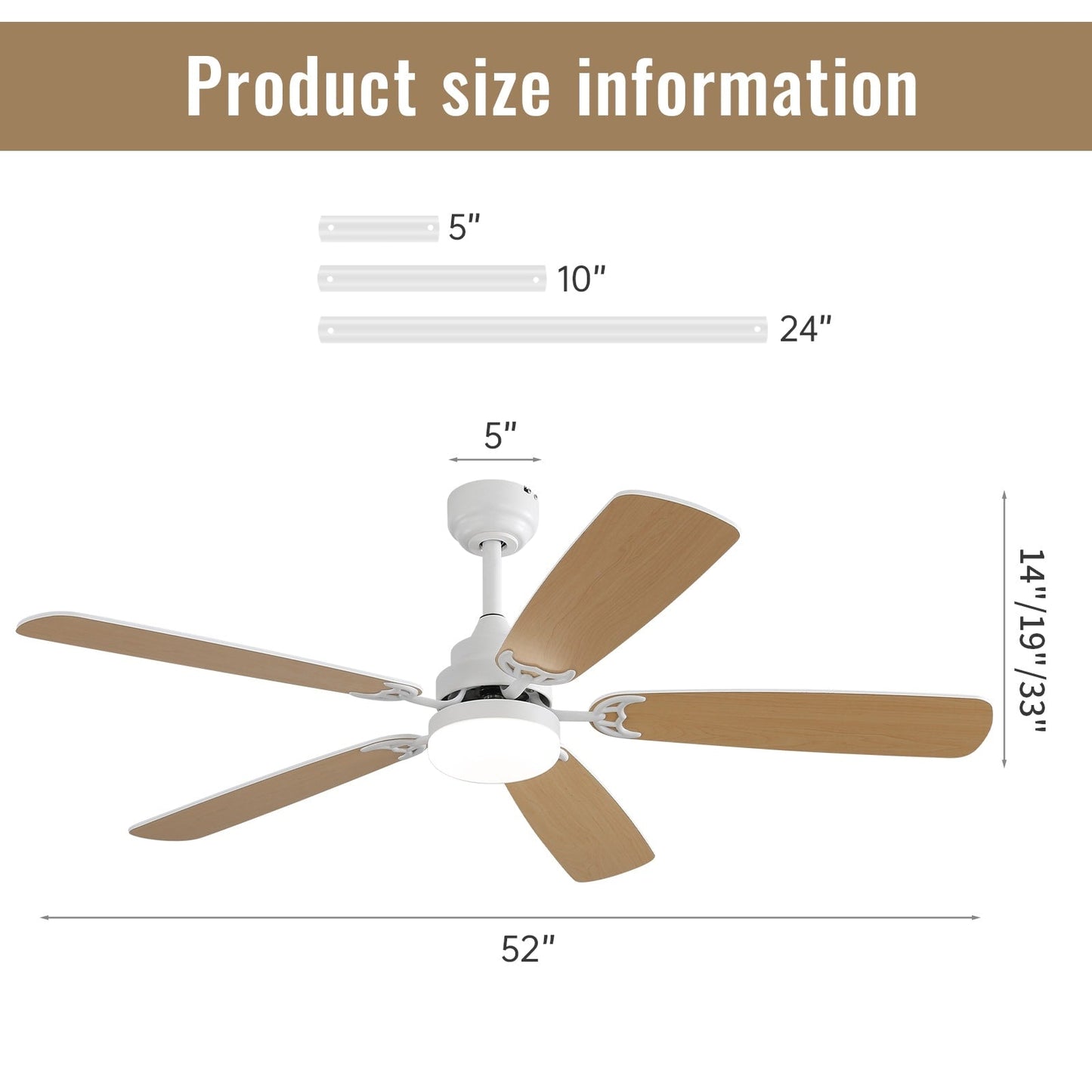 Ventilateur de plafond à LED intégré 48 et 52 pouces avec lumière et télécommande, moteur CC réversible