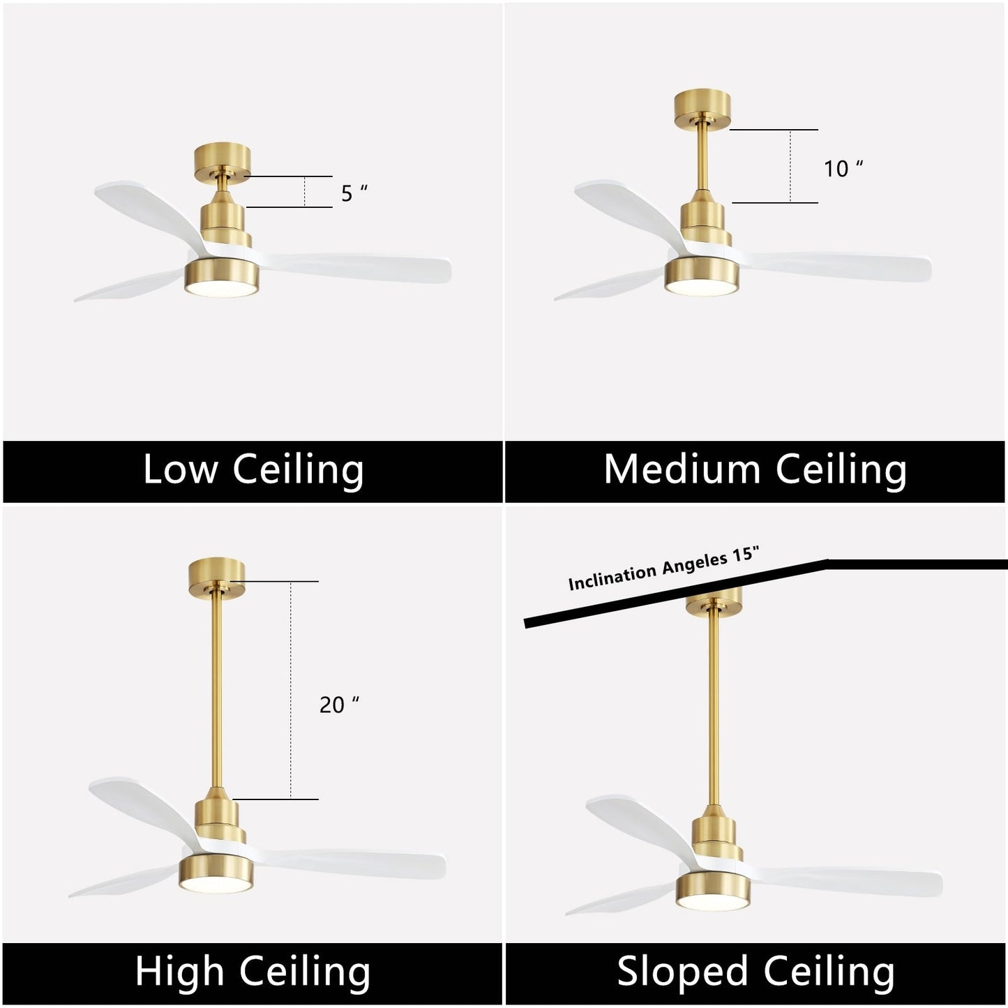 Ventilateur de plafond à LED intégré 48 et 52 pouces avec lumière et télécommande, moteur CC réversible
