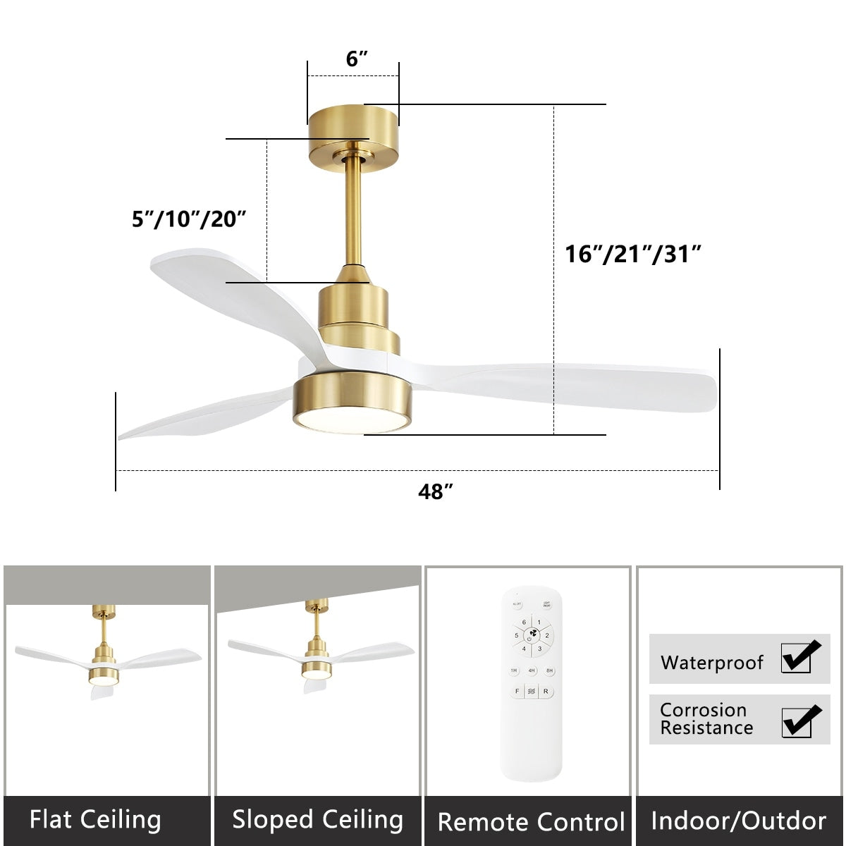 Ventilateur de plafond à LED intégré 48 et 52 pouces avec lumière et télécommande, moteur CC réversible