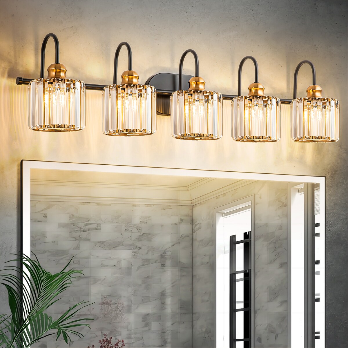 Luminaires de salle de bain en cristal à 5 lumières, style glamour, linéaires et à intensité variable, avec abat-jour cylindrique en cristal