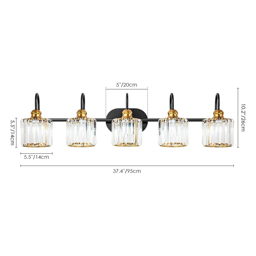 Luminaires de salle de bain en cristal à 5 lumières, style glamour, linéaires et à intensité variable, avec abat-jour cylindrique en cristal