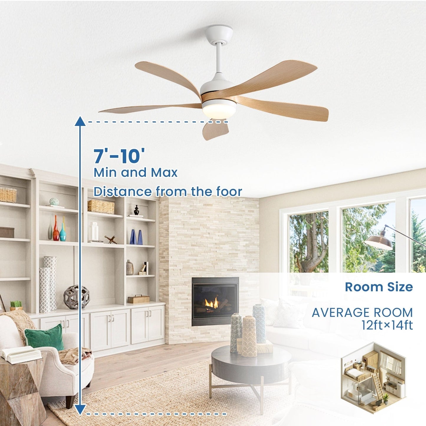 Ventilateur de plafond de 52 pouces avec télécommande et lumières, moteur CC silencieux, 5 pales, haut débit d'air (CFM)