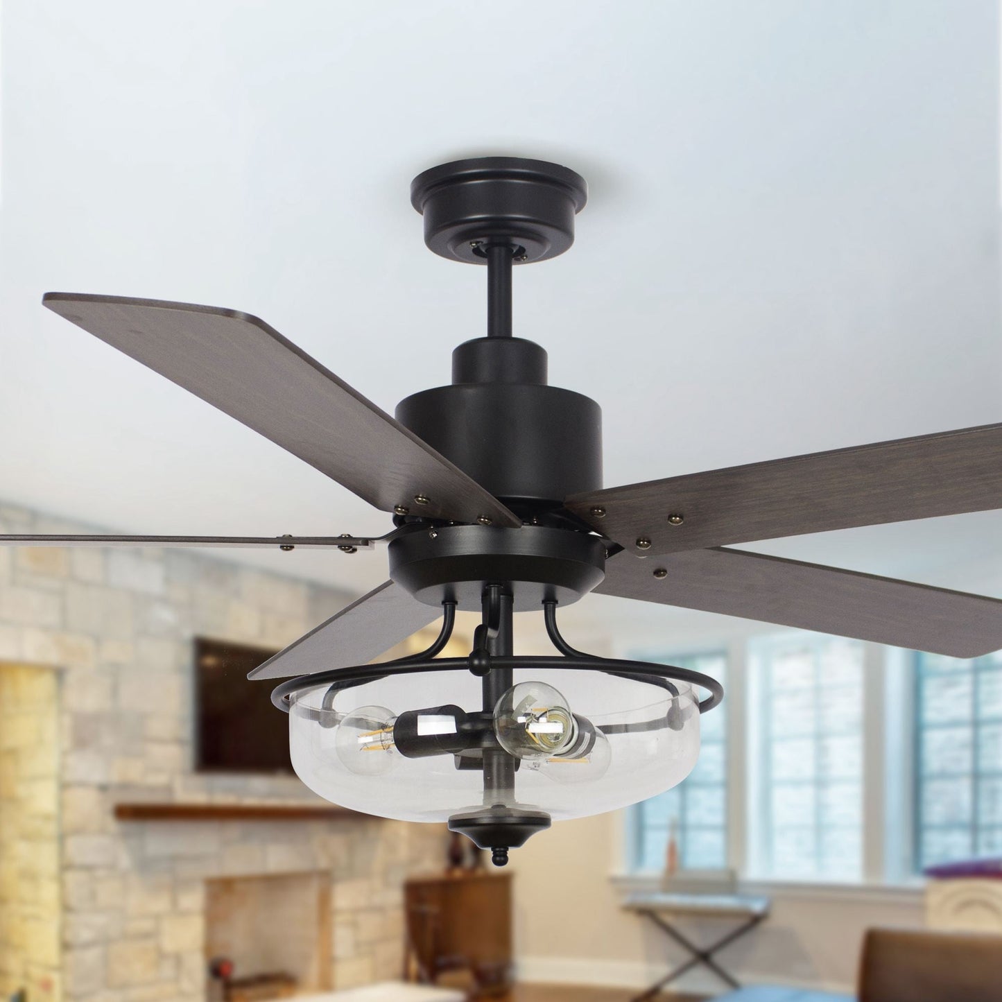 Ventilateur de plafond réversible en bois de 52 pouces, 5 pales et 3 lumières, avec télécommande