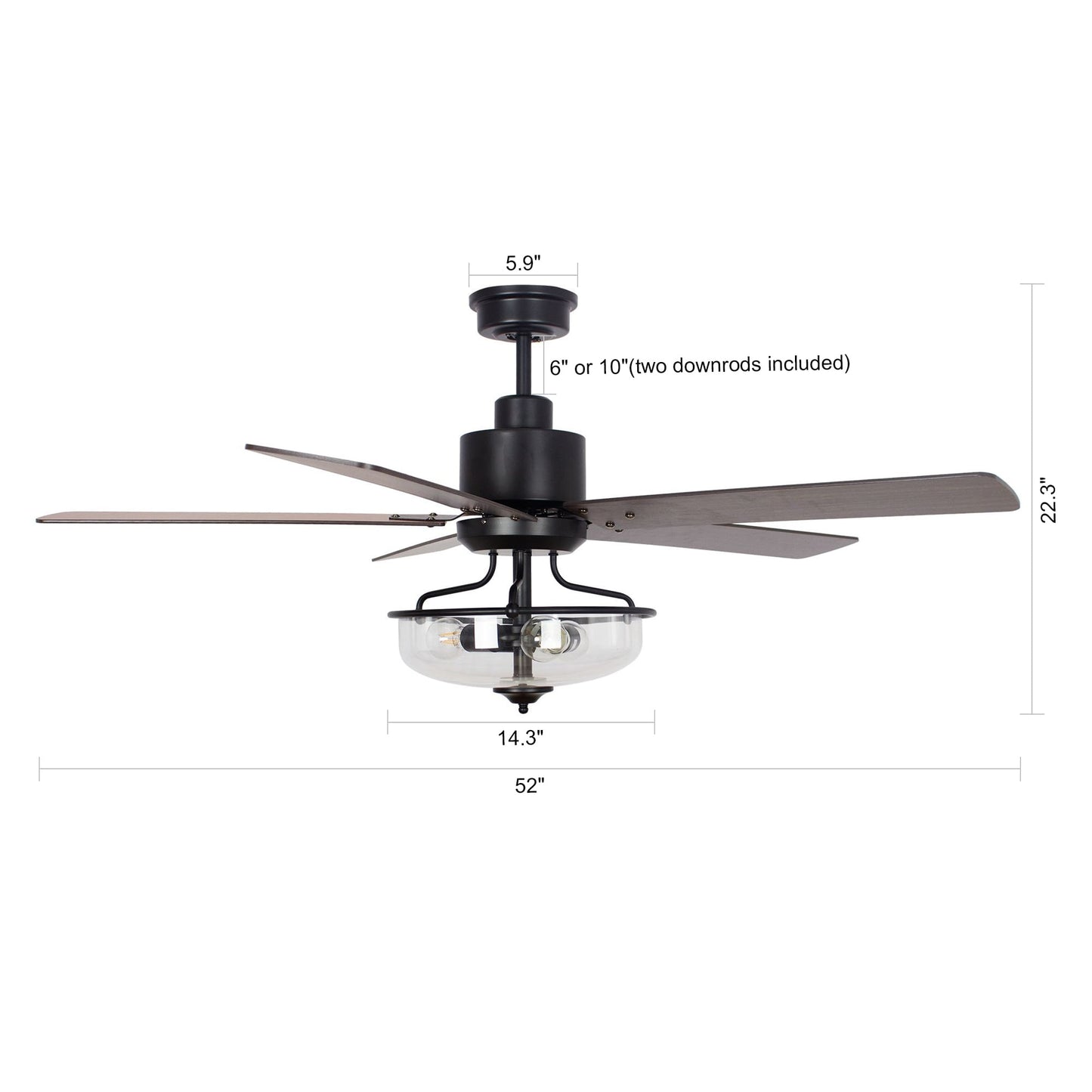 Ventilateur de plafond réversible en bois de 52 pouces, 5 pales et 3 lumières, avec télécommande