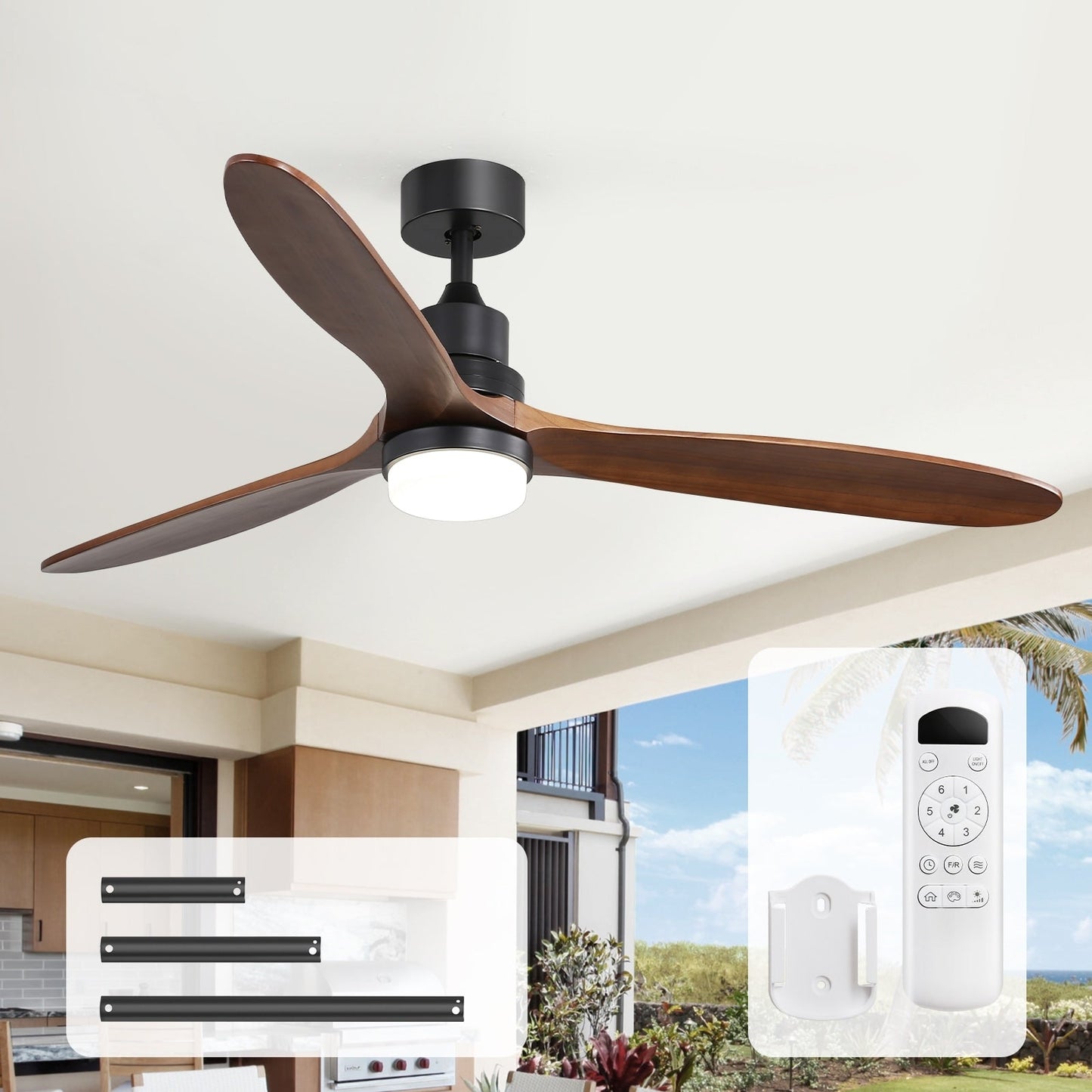 Ventilateur de plafond silencieux en bois de noyer 52/60/48 avec télécommande et éclairage intégré en option
