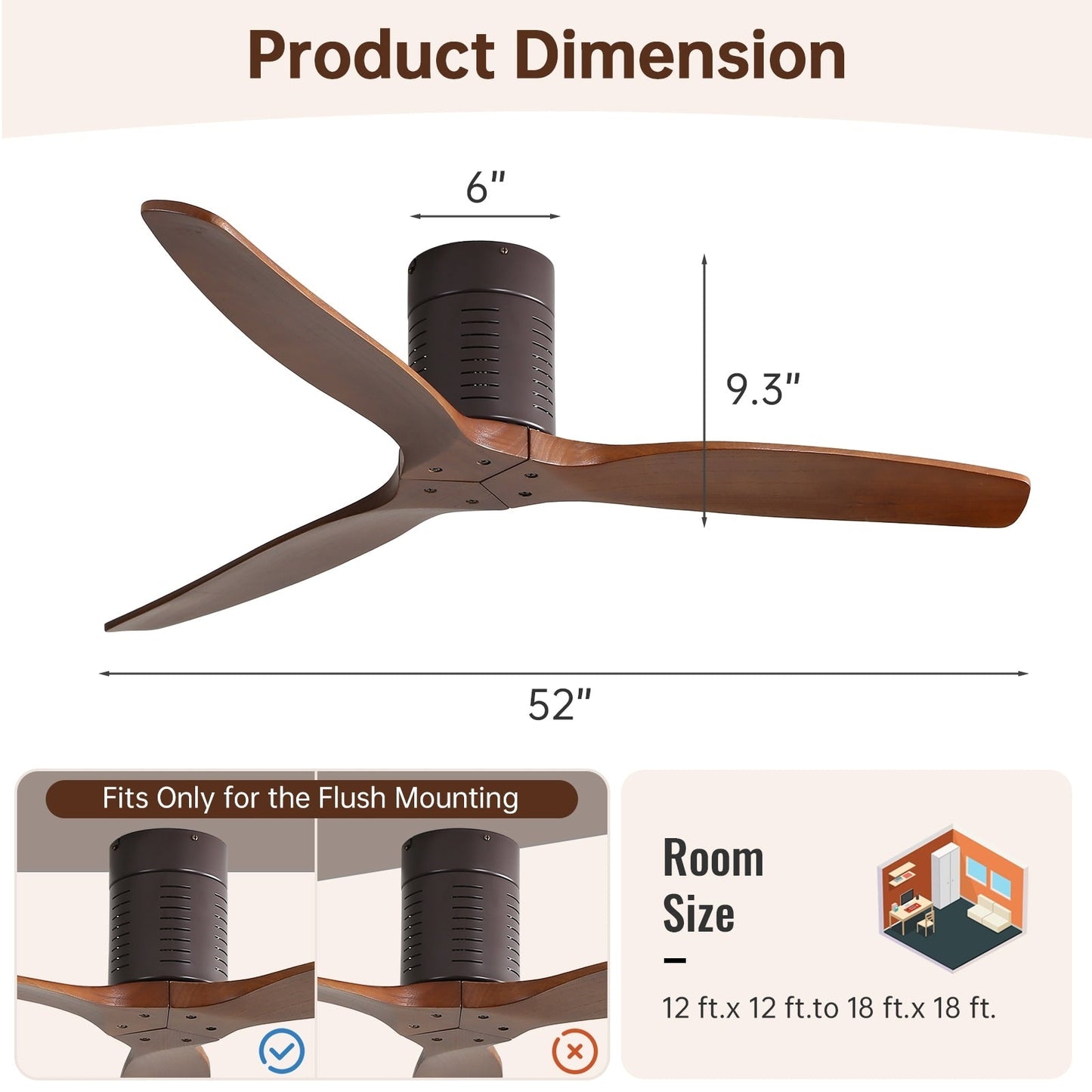 Ventilateur de plafond silencieux en bois de noyer 52/60/48 avec télécommande et éclairage intégré en option