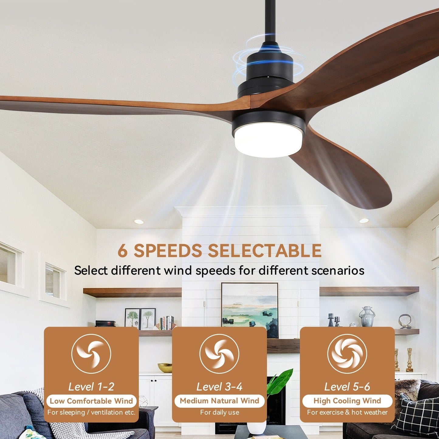 Ventilateur de plafond silencieux en bois de noyer 52/60/48 avec télécommande et éclairage intégré en option