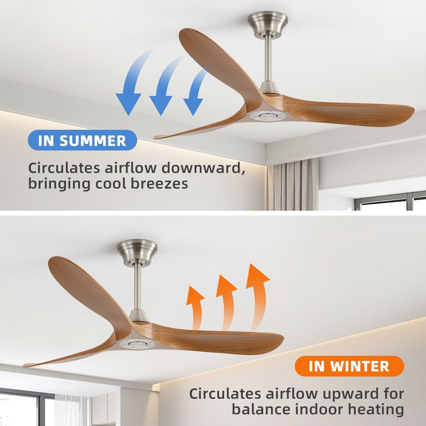 Ventilateur de plafond silencieux en bois de noyer 52/60/48 avec télécommande et éclairage intégré en option