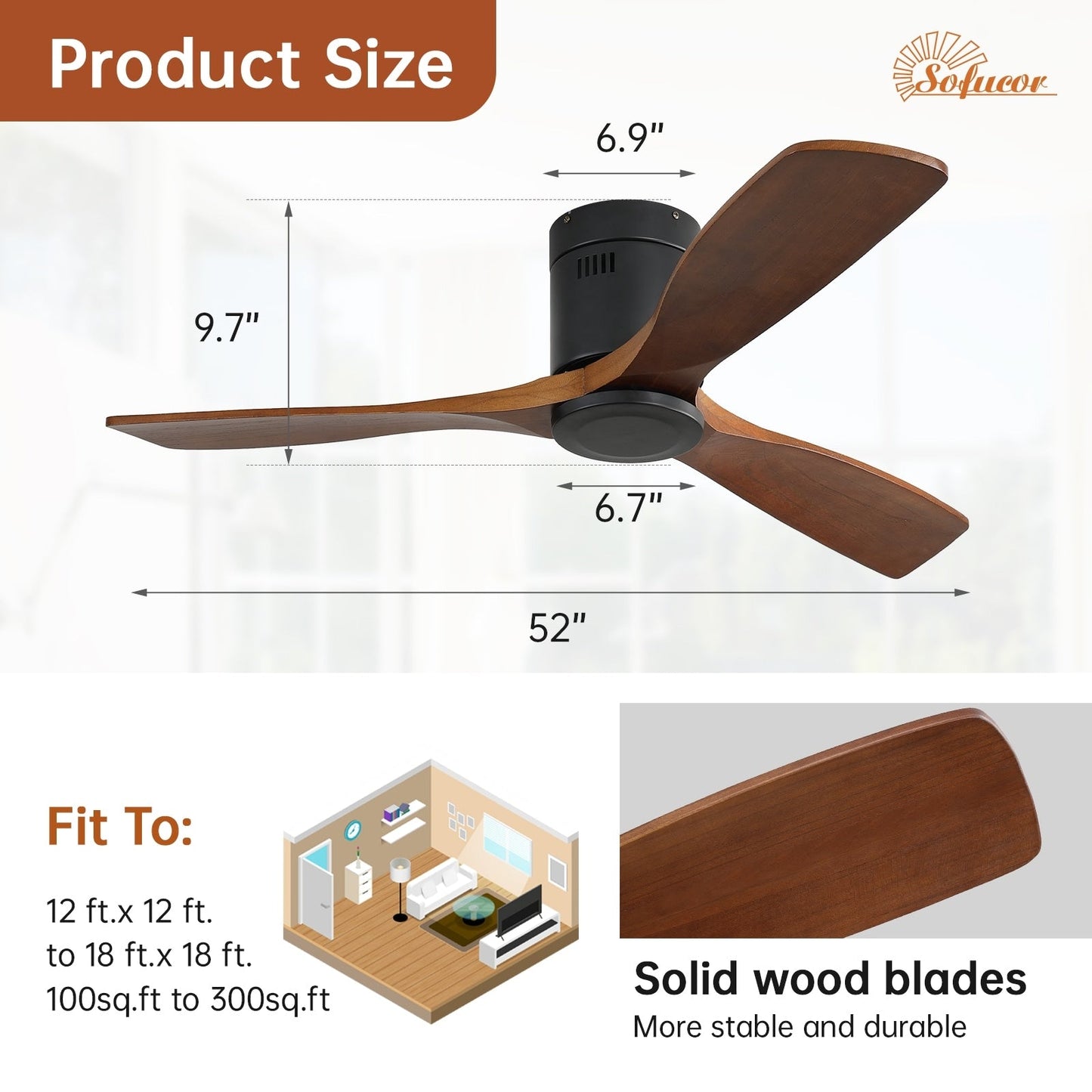 Ventilateur de plafond silencieux en bois de noyer 52/60/48 avec télécommande et éclairage intégré en option