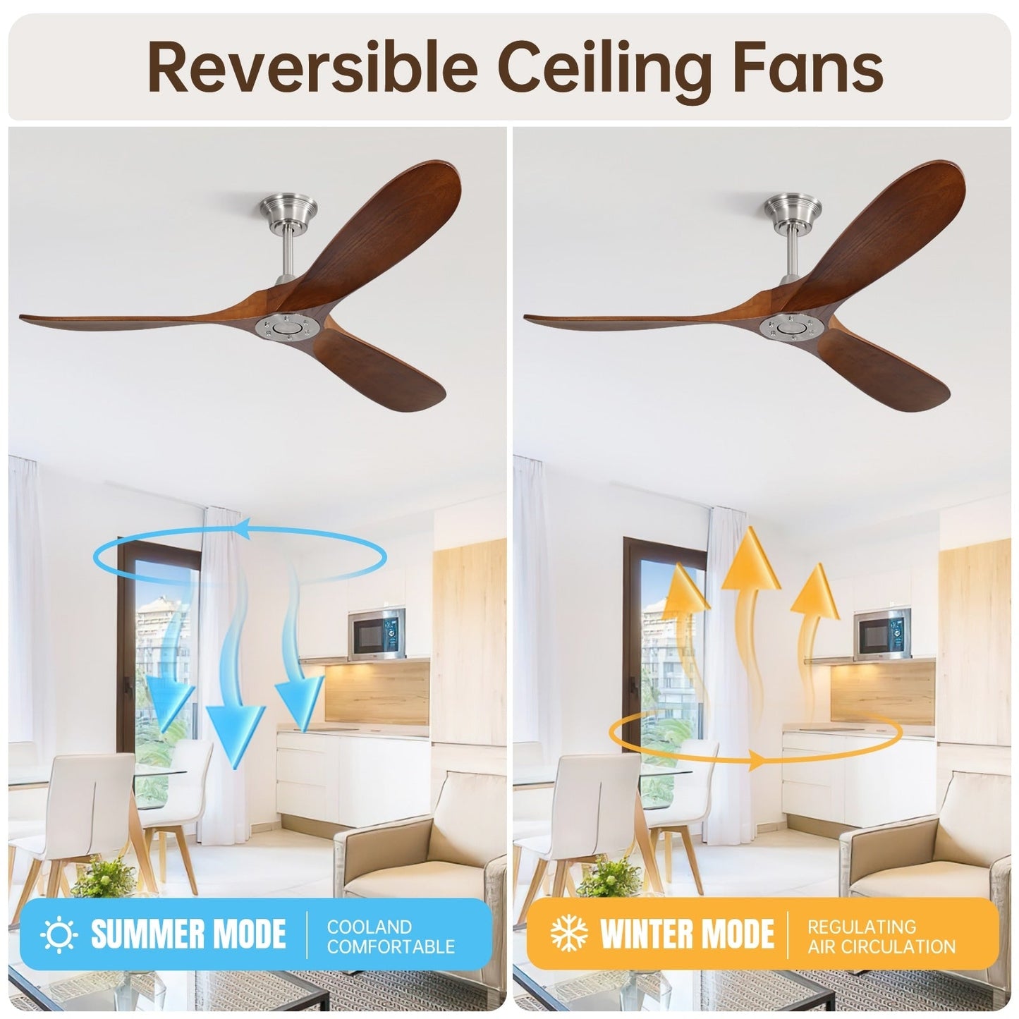 Ventilateur de plafond silencieux en bois de noyer 52/60/48 avec télécommande et éclairage intégré en option
