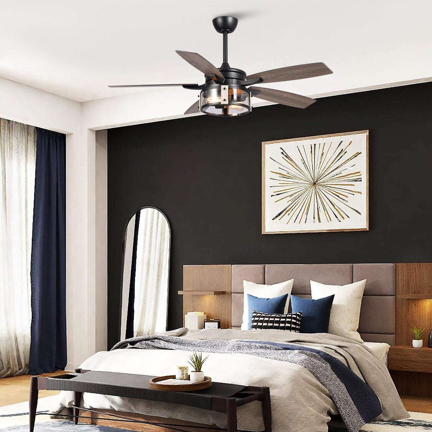 Ventilateur de plafond d'intérieur rustique en bois noir à 5 pales avec télécommande