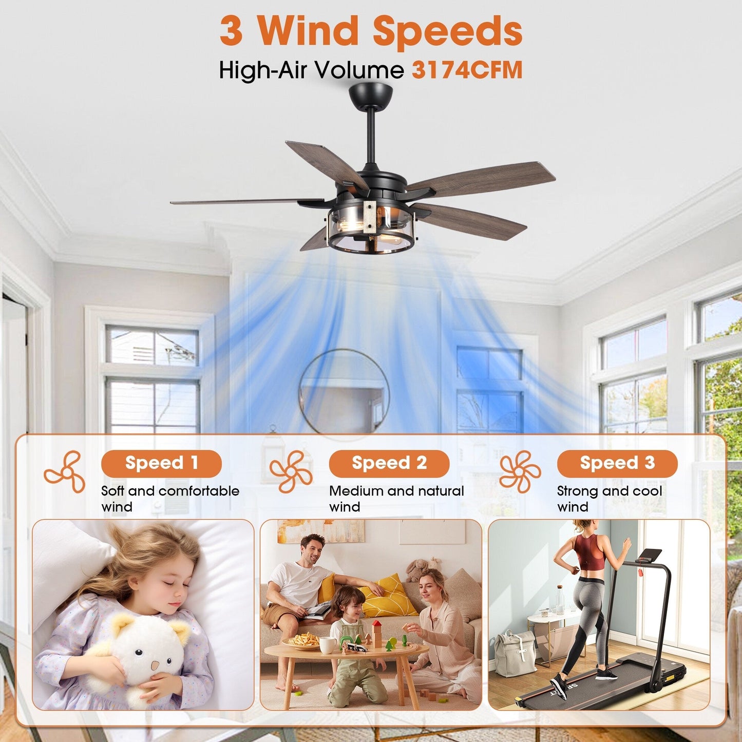 Ventilateur de plafond d'intérieur rustique en bois noir à 5 pales avec télécommande