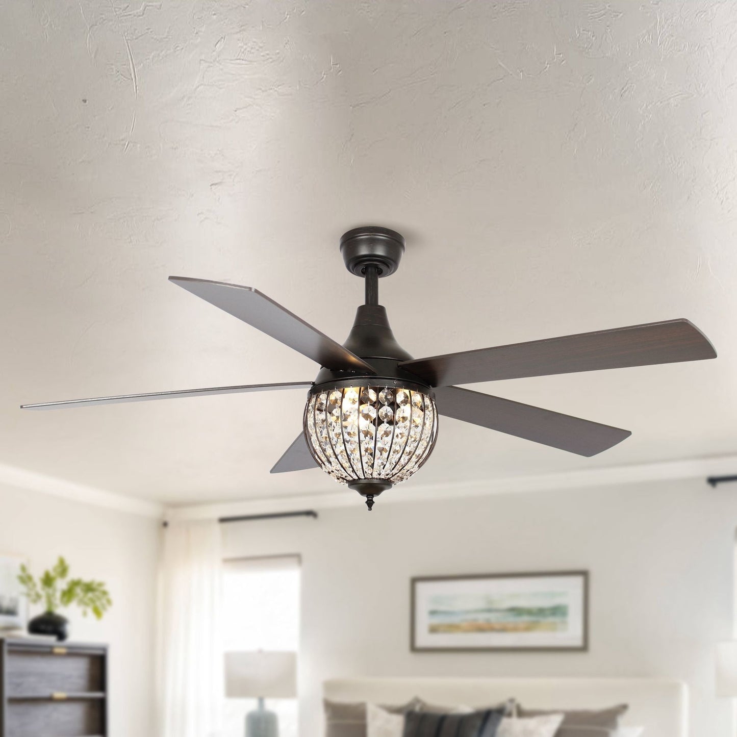 Ventilateur de plafond industriel en bois noir à 5 pales en cristal avec télécommande
