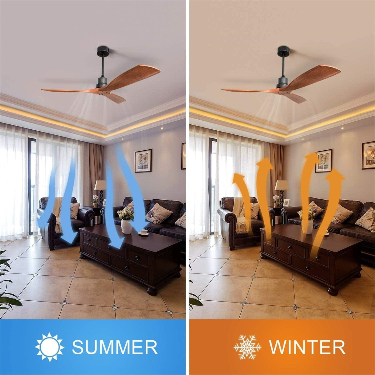 Ventilateur de plafond silencieux en bois de noyer 52/60/48 avec télécommande et éclairage intégré en option