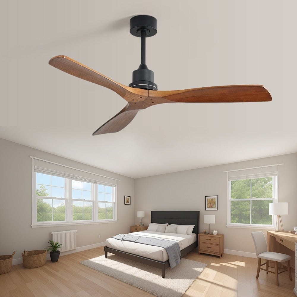 Ventilateur de plafond silencieux en bois de noyer 52/60/48 avec télécommande et éclairage intégré en option