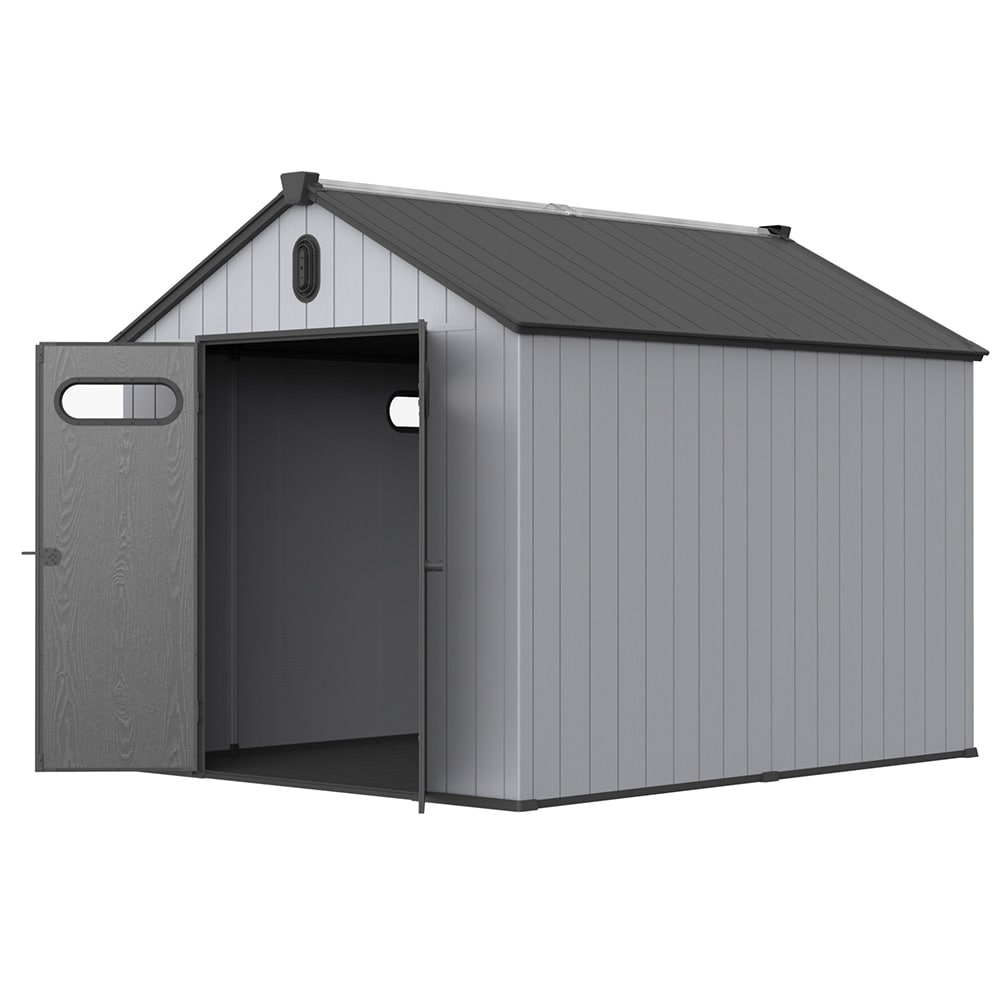 Abri de rangement extérieur en plastique et résine toutes saisons de 6 pi x 4 pi/6 pi x 8 pi/8 pi x 6 pi/8 pi x 10 pi avec plancher, abri à outils Spire