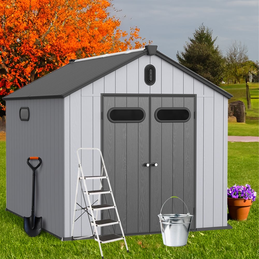 Abri de rangement extérieur en plastique et résine toutes saisons de 6 pi x 4 pi/6 pi x 8 pi/8 pi x 6 pi/8 pi x 10 pi avec plancher, abri à outils Spire