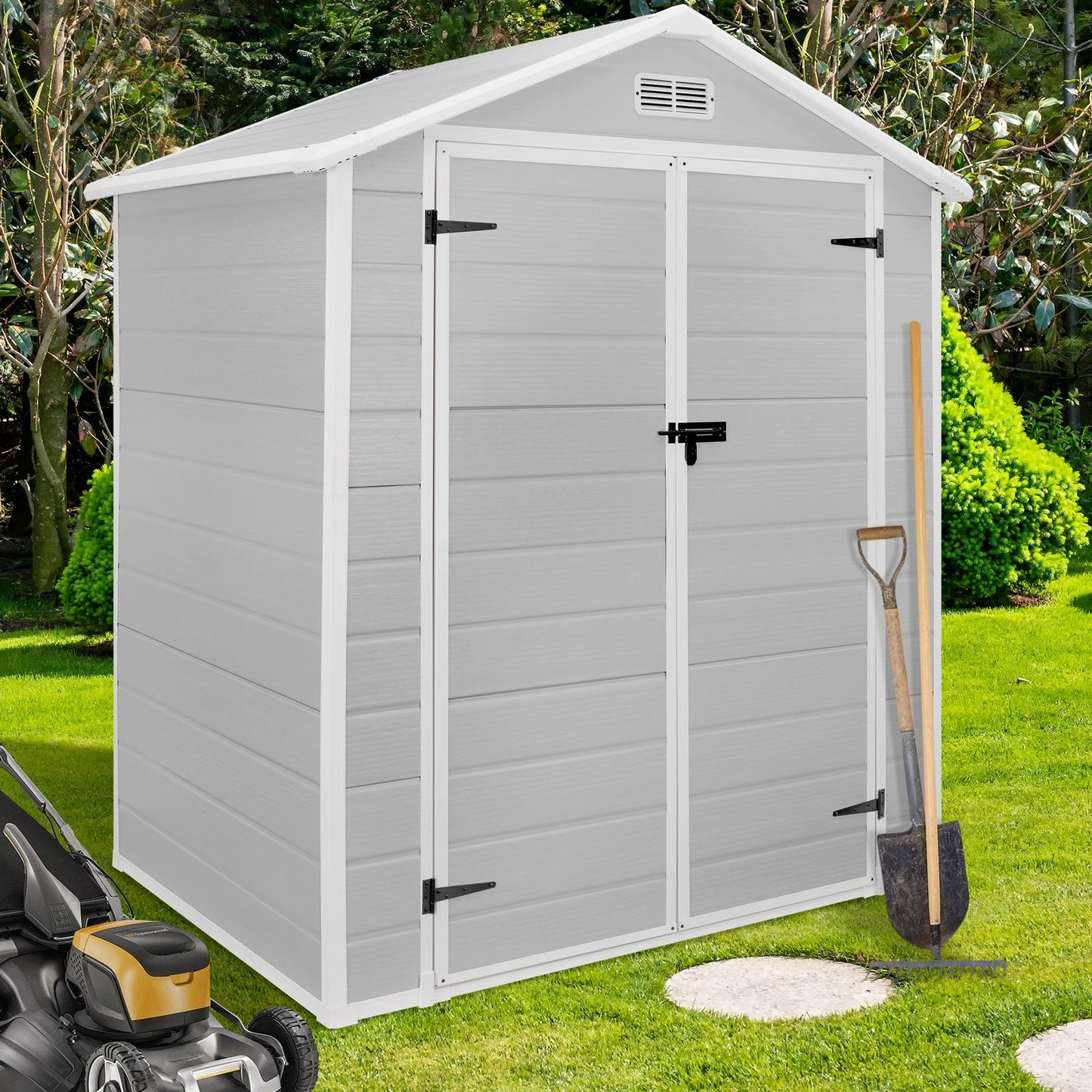 Abri de rangement extérieur en plastique et résine toutes saisons de 6 pi x 4 pi/6 pi x 8 pi/8 pi x 6 pi/8 pi x 10 pi avec plancher, abri à outils Spire