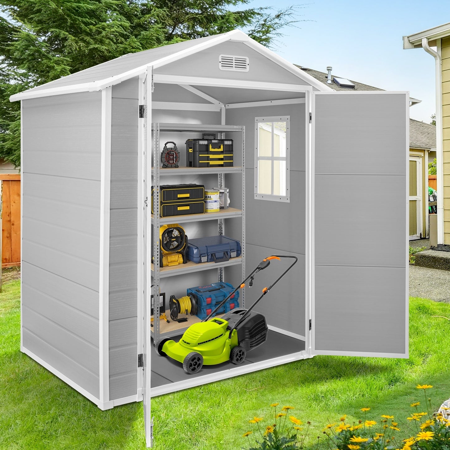 Abri de rangement extérieur en plastique et résine toutes saisons de 6 pi x 4 pi/6 pi x 8 pi/8 pi x 6 pi/8 pi x 10 pi avec plancher, abri à outils Spire