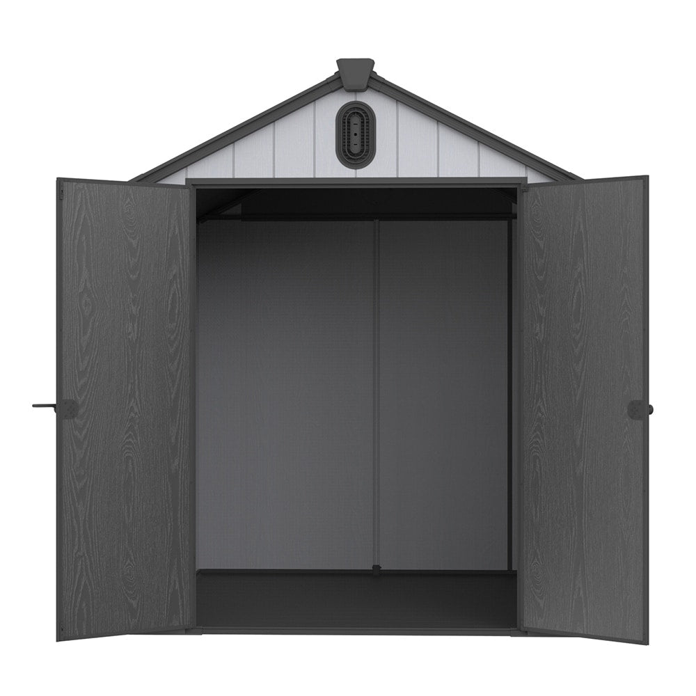 Abri de rangement extérieur en plastique et résine toutes saisons de 6 pi x 4 pi/6 pi x 8 pi/8 pi x 6 pi/8 pi x 10 pi avec plancher, abri à outils Spire