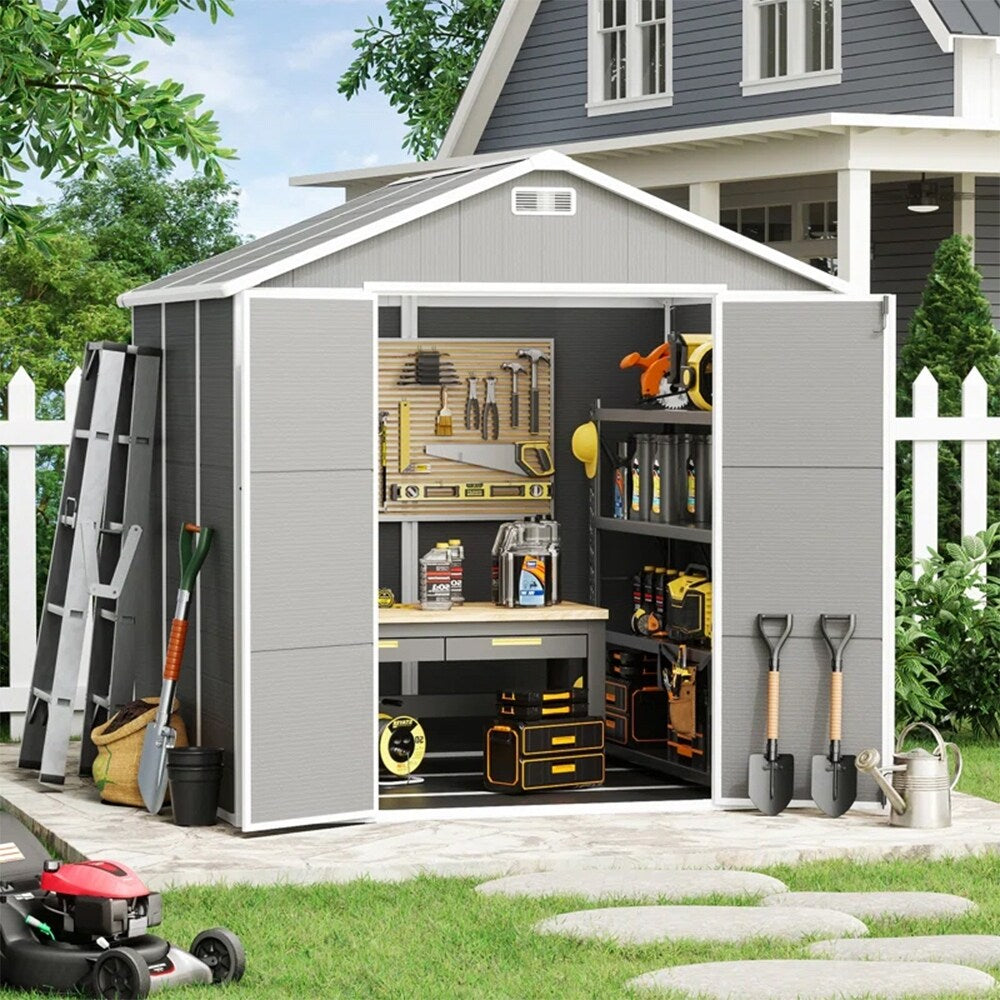 Abri de rangement extérieur en plastique et résine toutes saisons de 6 pi x 4 pi/6 pi x 8 pi/8 pi x 6 pi/8 pi x 10 pi avec plancher, abri à outils Spire