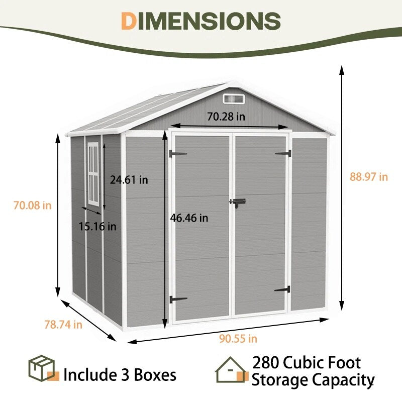 Abri de rangement extérieur en plastique et résine toutes saisons de 6 pi x 4 pi/6 pi x 8 pi/8 pi x 6 pi/8 pi x 10 pi avec plancher, abri à outils Spire