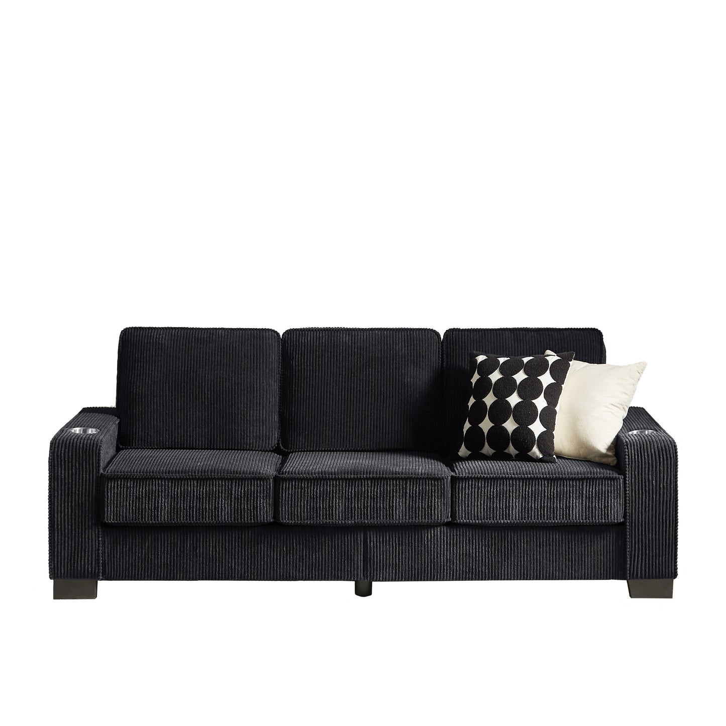 84.25 Corduroy 3-Seater Sofa with Cup Holder Armrests - High-Density Sponge and Spring Cushions