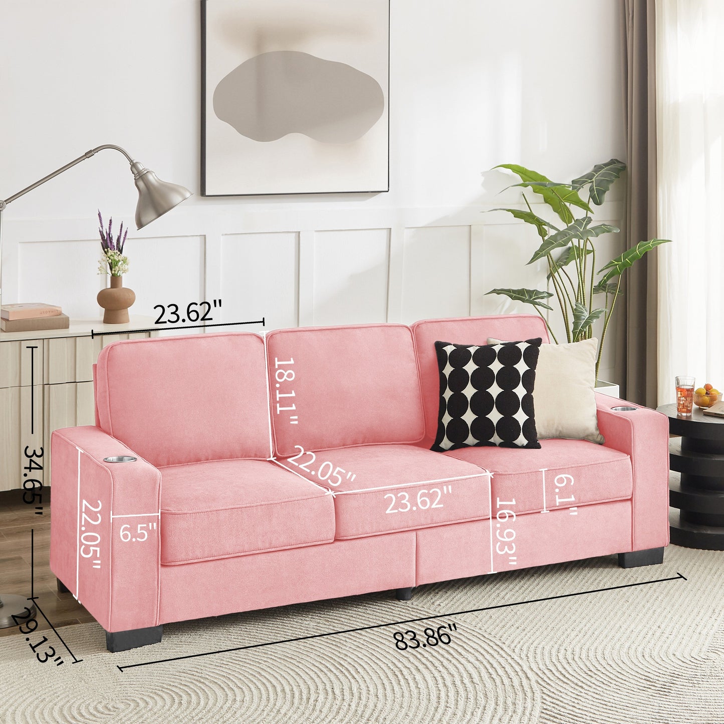 84.25 Velvet 3-Seater Sofa with Cup Holder Armrests and High-Density Spring Cushions