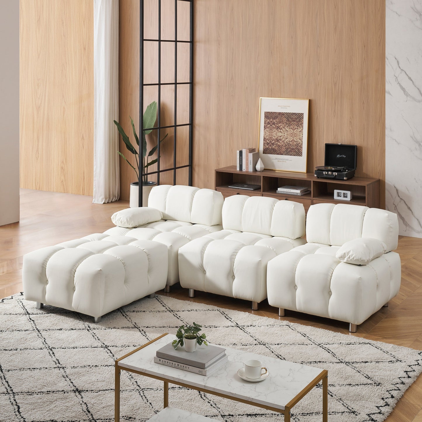 90.6 Inch White Modern Tech Fabric Sofa Waterproof Stain Resistant Foldable 3-Seater with Metal Legs