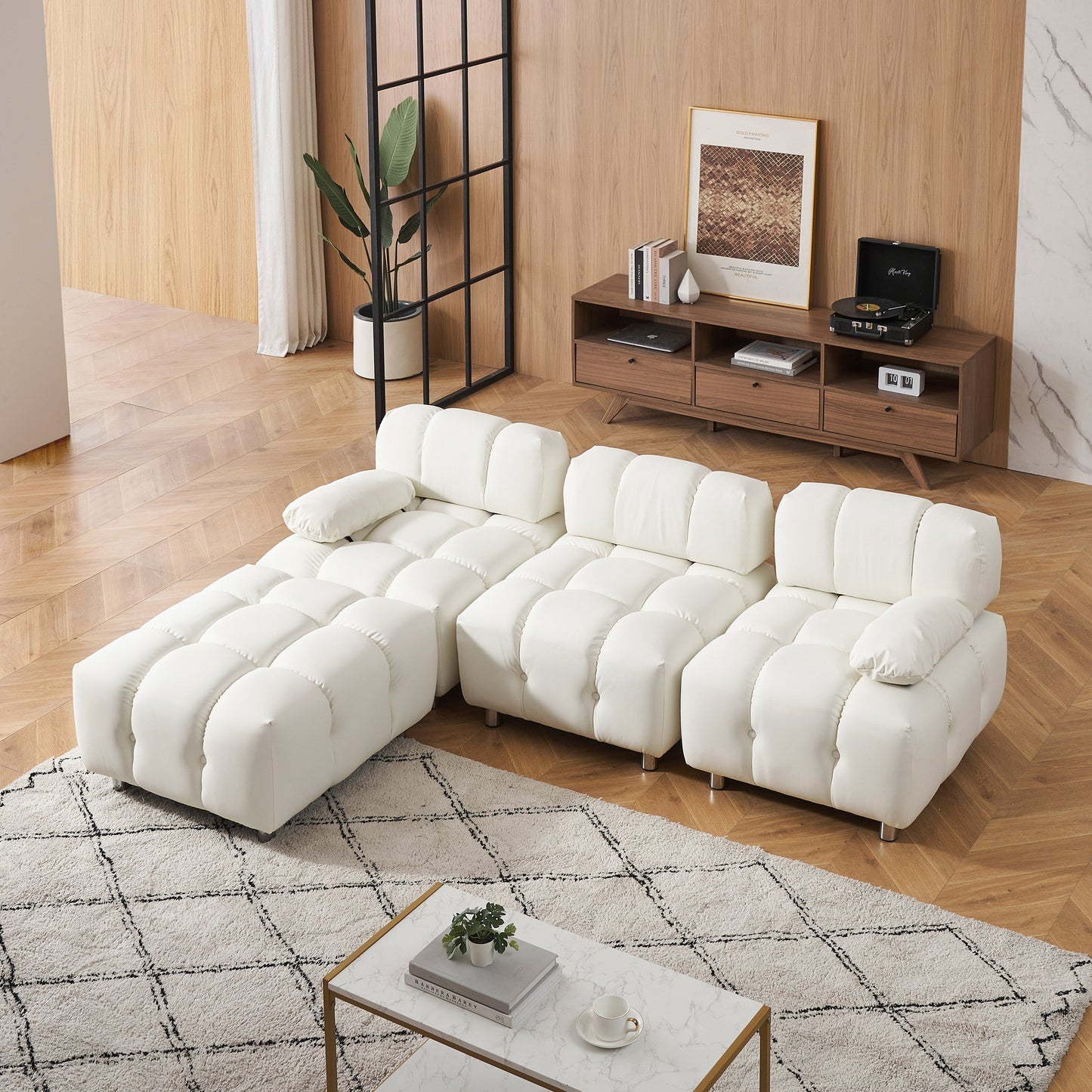 90.6 Inch White Modern Tech Fabric Sofa Waterproof Stain Resistant Foldable 3-Seater with Metal Legs