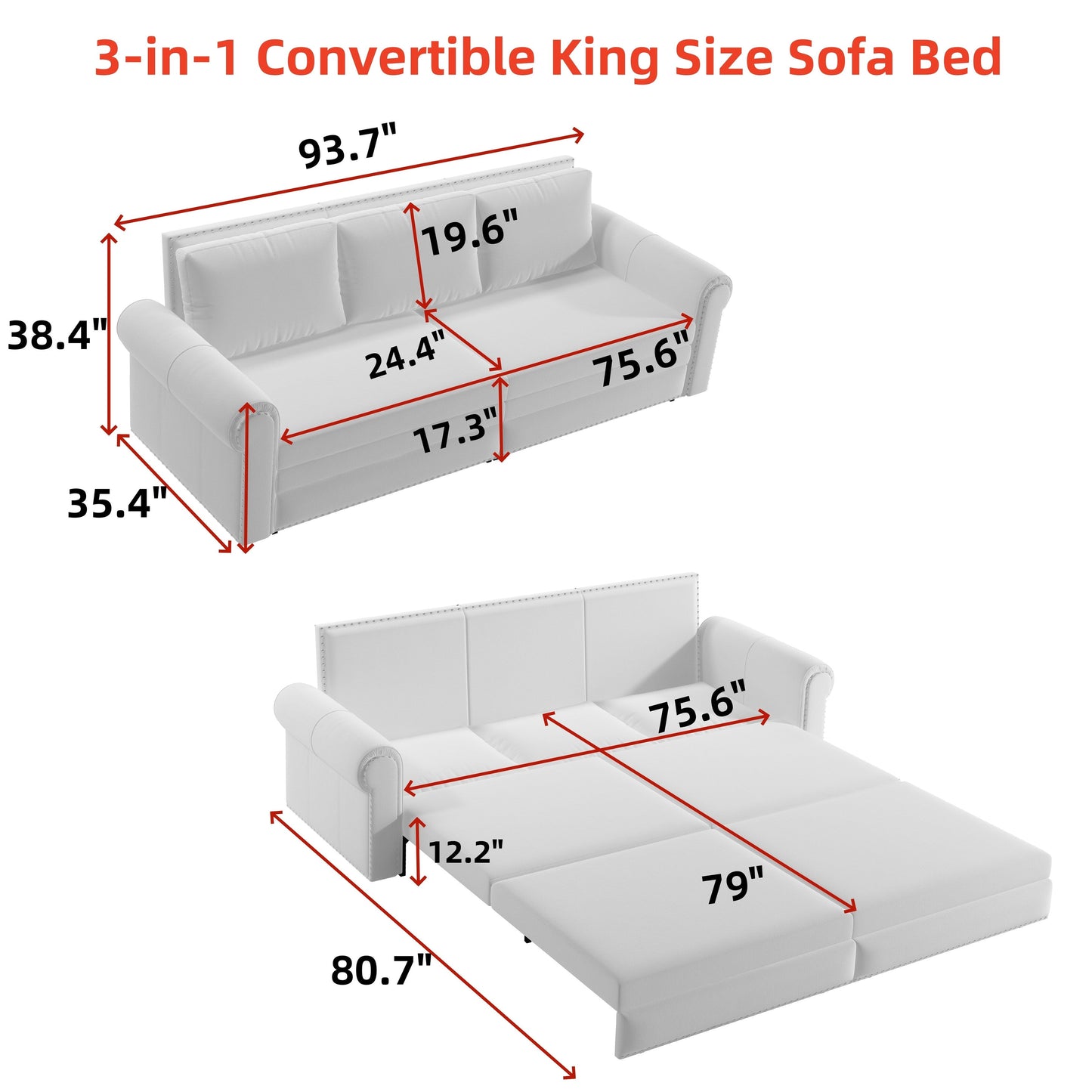 93.7Velvet 3-Seater Sleeper Sofa 3-in-1 with Rolled Arms & Nailhead Trim