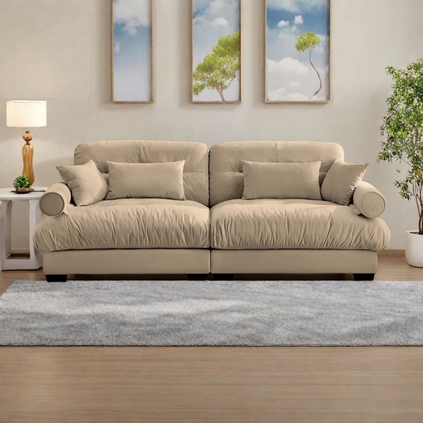93.7Velvet 3-Seater Sofa with Bolster Armrests, High-Resilience Sponge Cushions