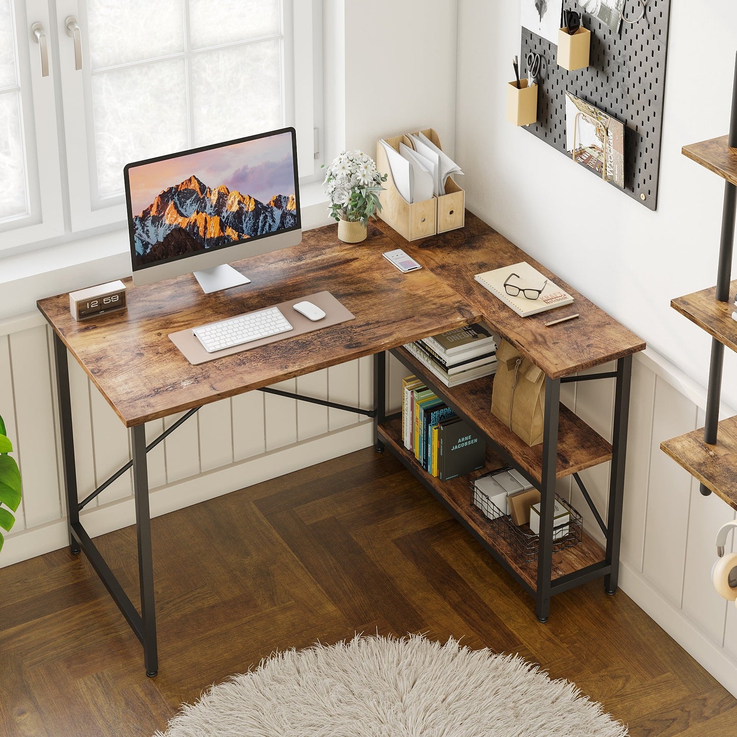 Petit bureau en L avec étagères de rangement Bureau d'ordinateur d'angle