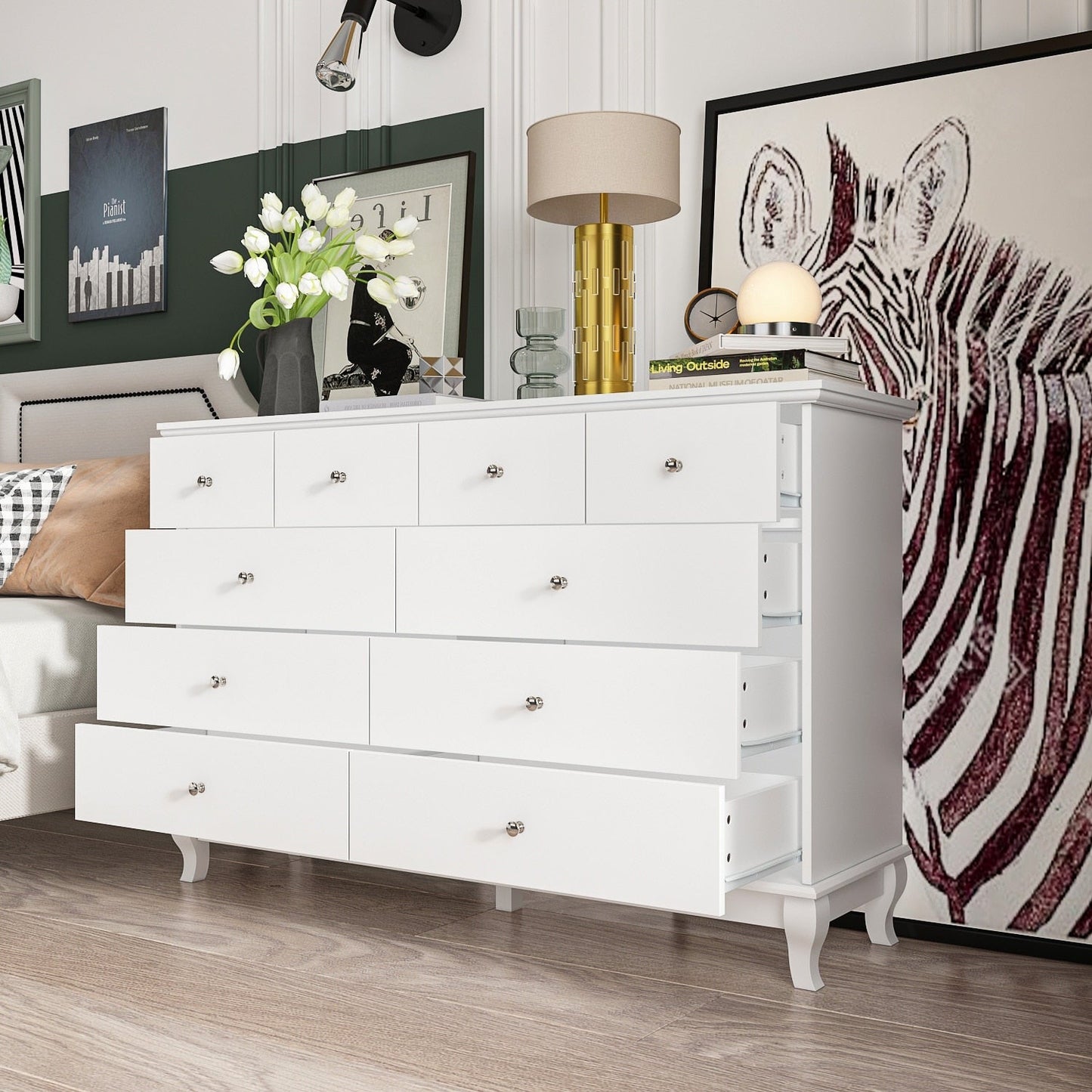 Commode double à 10 tiroirs pour chambre à coucher, commode blanche, grand espace de rangement