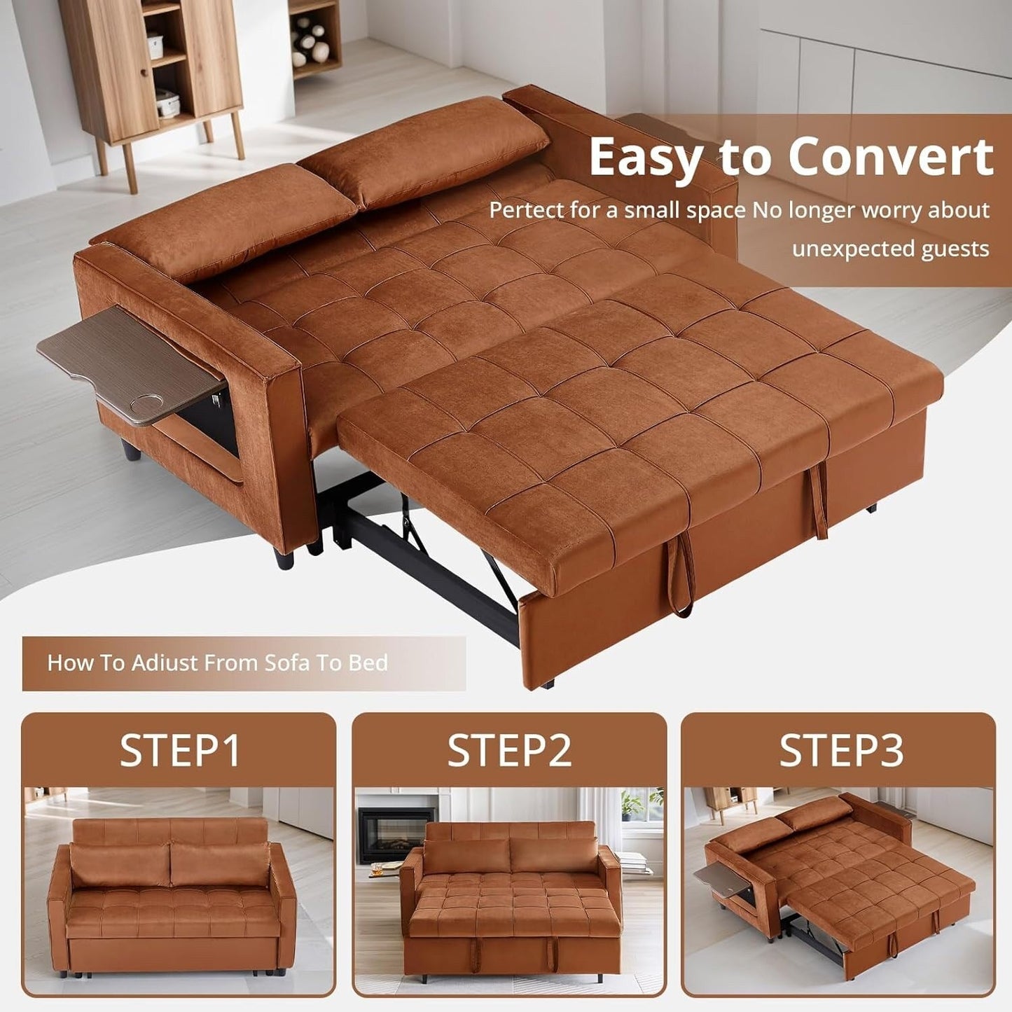 Canapé convertible en velours de 55 pouces, canapé futon 3 en 1 avec lit gigogne, dossier réglable, table d'appoint et 2 coussins lombaires