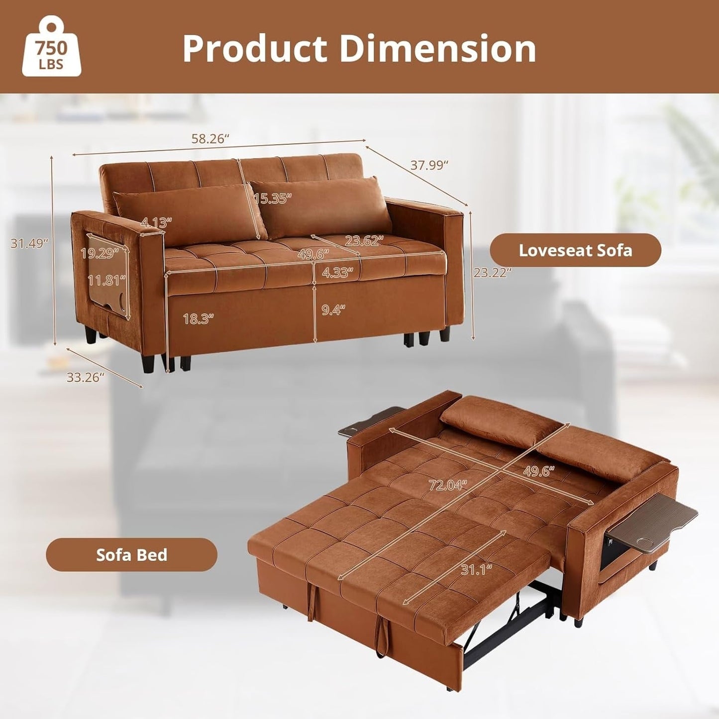 Canapé convertible en velours de 55 pouces, canapé futon 3 en 1 avec lit gigogne, dossier réglable, table d'appoint et 2 coussins lombaires