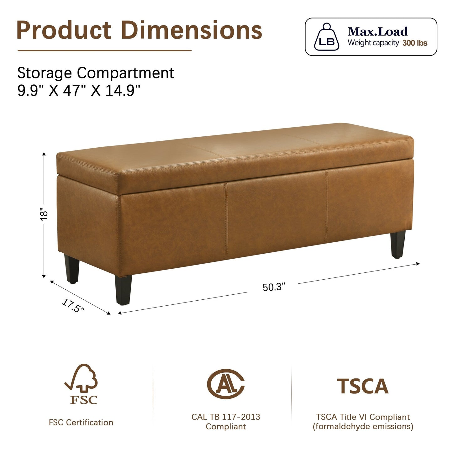 Pouf de rangement rectangulaire rembourré 50,3 x 17,50 x 18 po - Similicuir