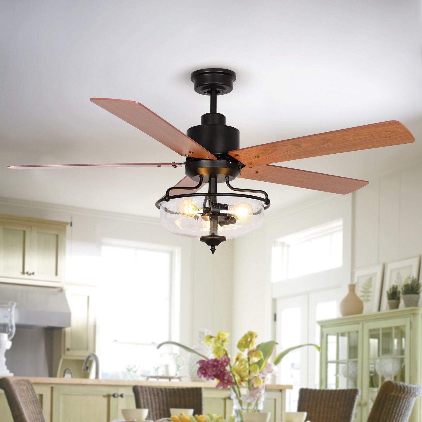 Ventilateur de plafond réversible en bois de 52 pouces, 5 pales et 3 lumières, avec télécommande